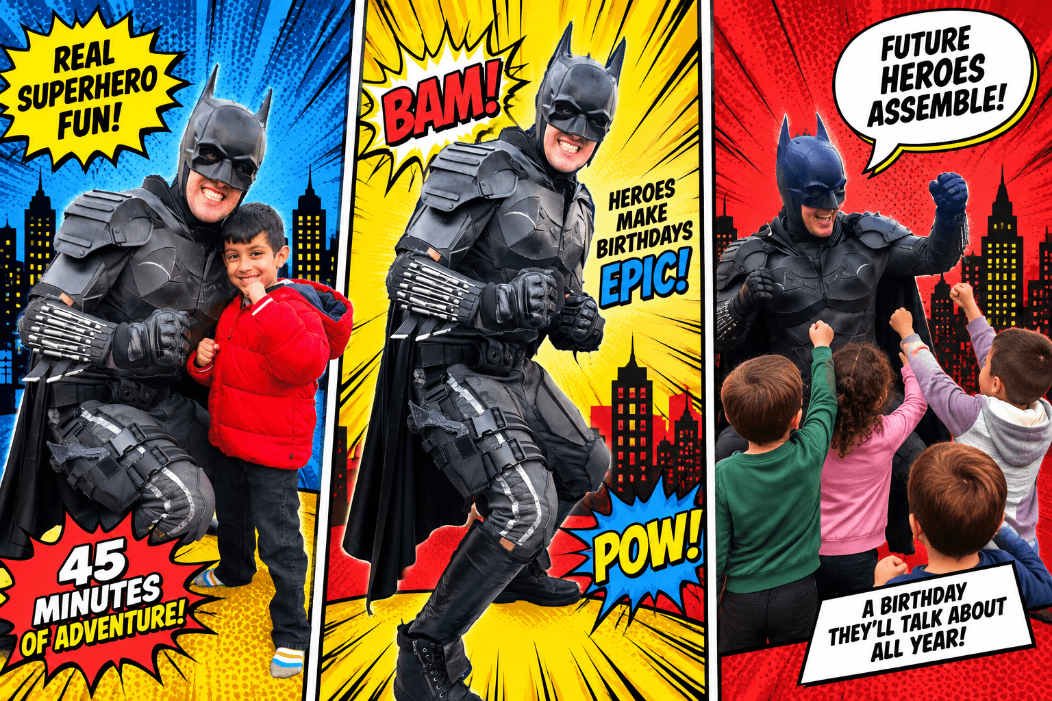 Comic-book style superhero party artwork featuring the real superhero entertainer and children